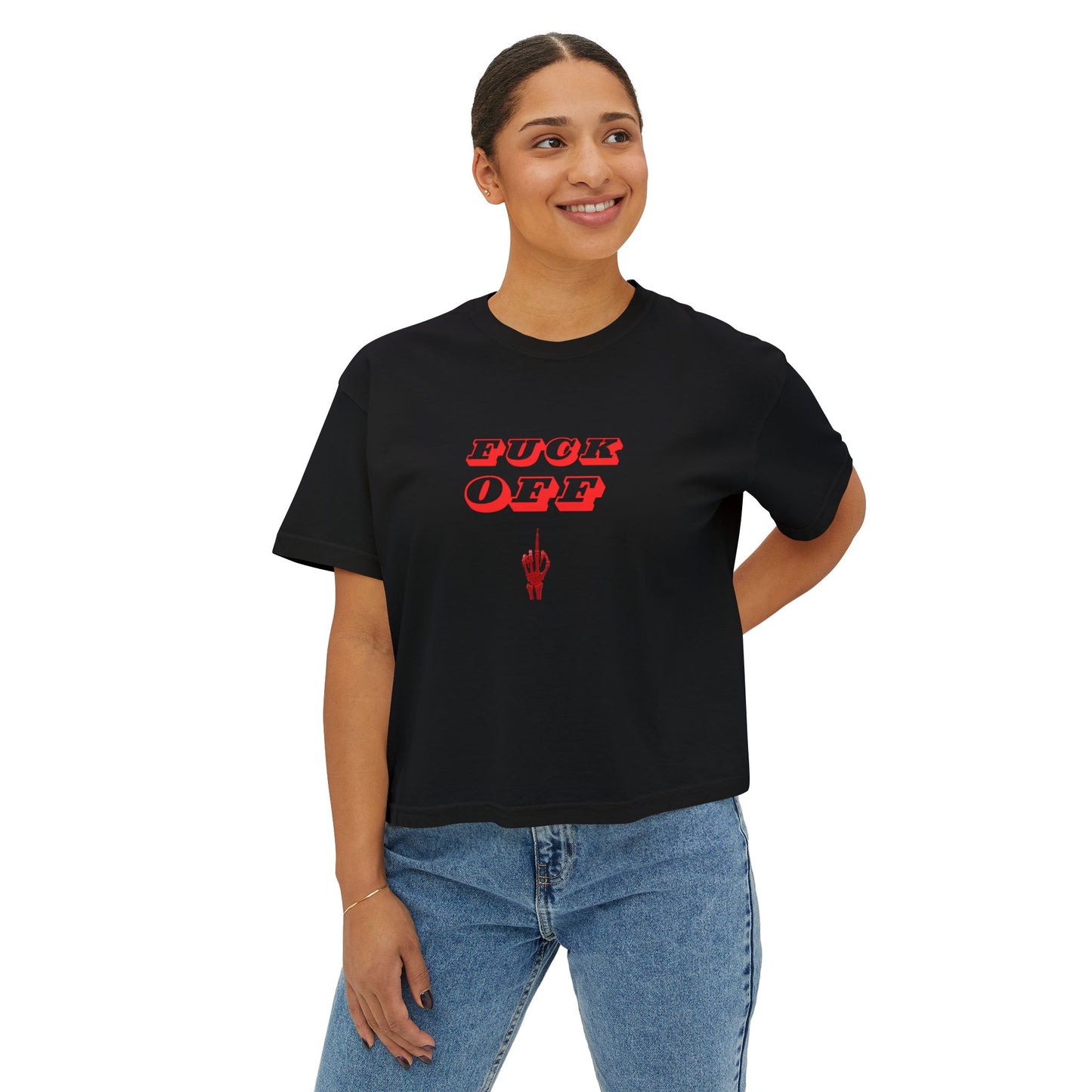 Women's Boxy Tee with 'F*CK OFF' Design, Trendy Graphic Shirt, Casual Everyday Wear, Gift for Her, Festival Fashion