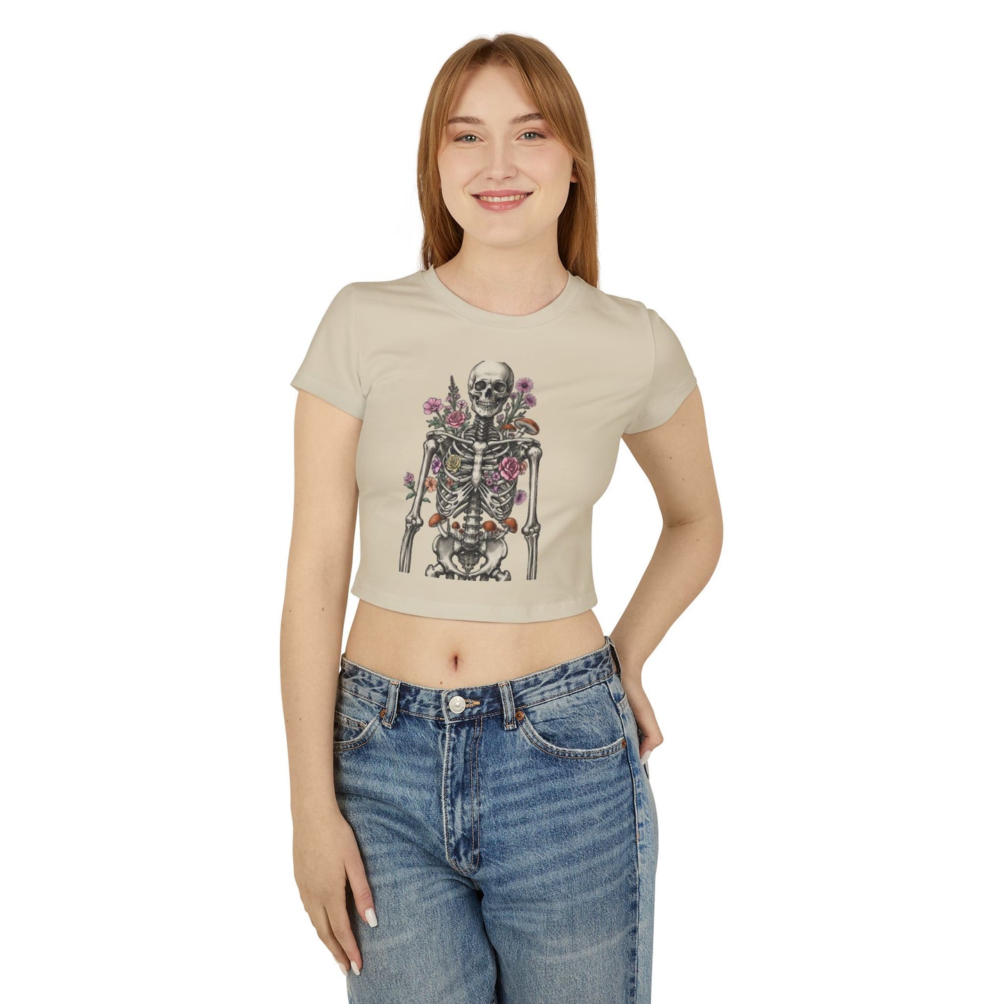 Floral Skeleton Women's Baby Tee, Cute Cropped Shirt, Vintage Aesthetic, Halloween Outfit, Gift for Her, Trendy Summer Top