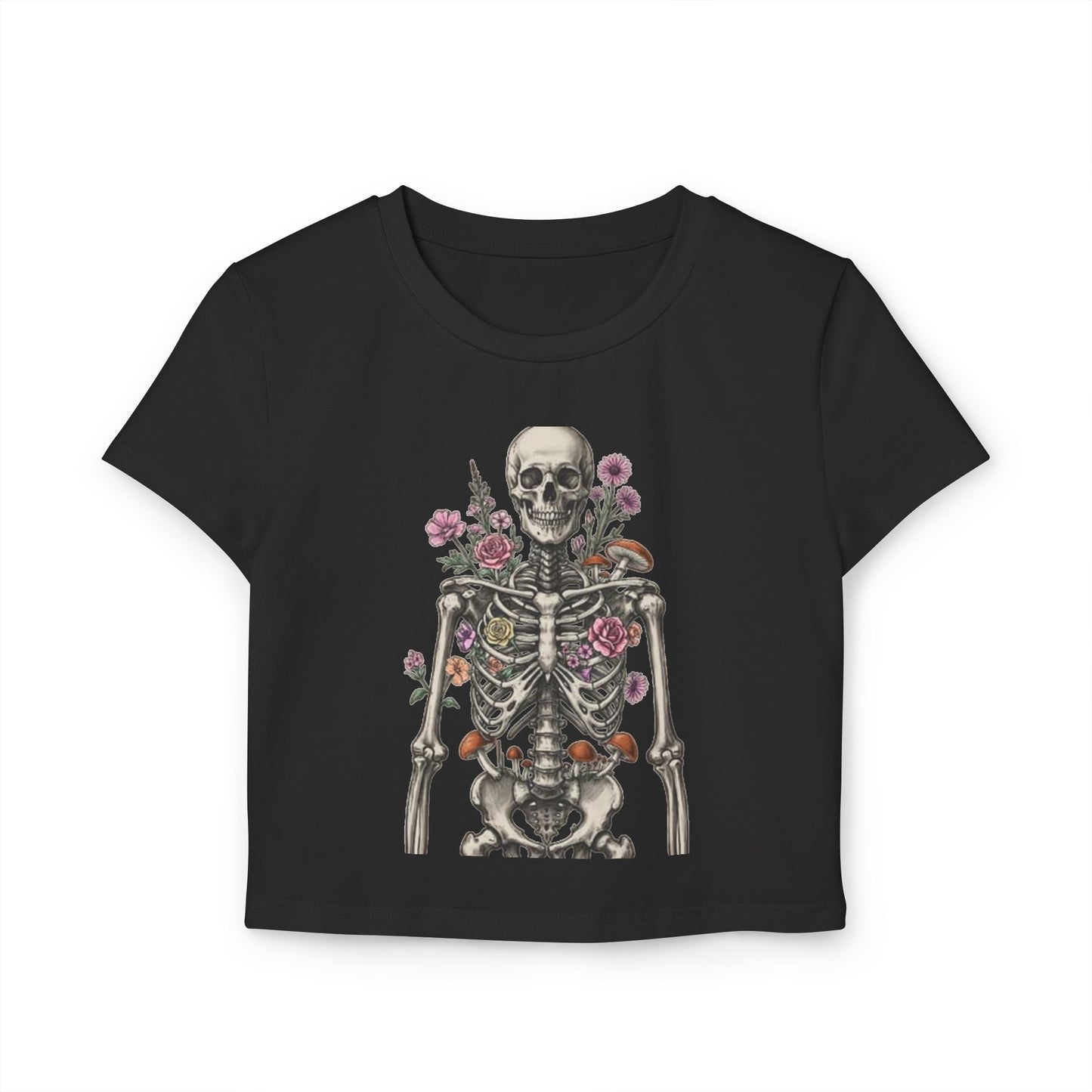 Floral Skeleton Women's Baby Tee, Cute Cropped Shirt, Vintage Aesthetic, Halloween Outfit, Gift for Her, Trendy Summer Top