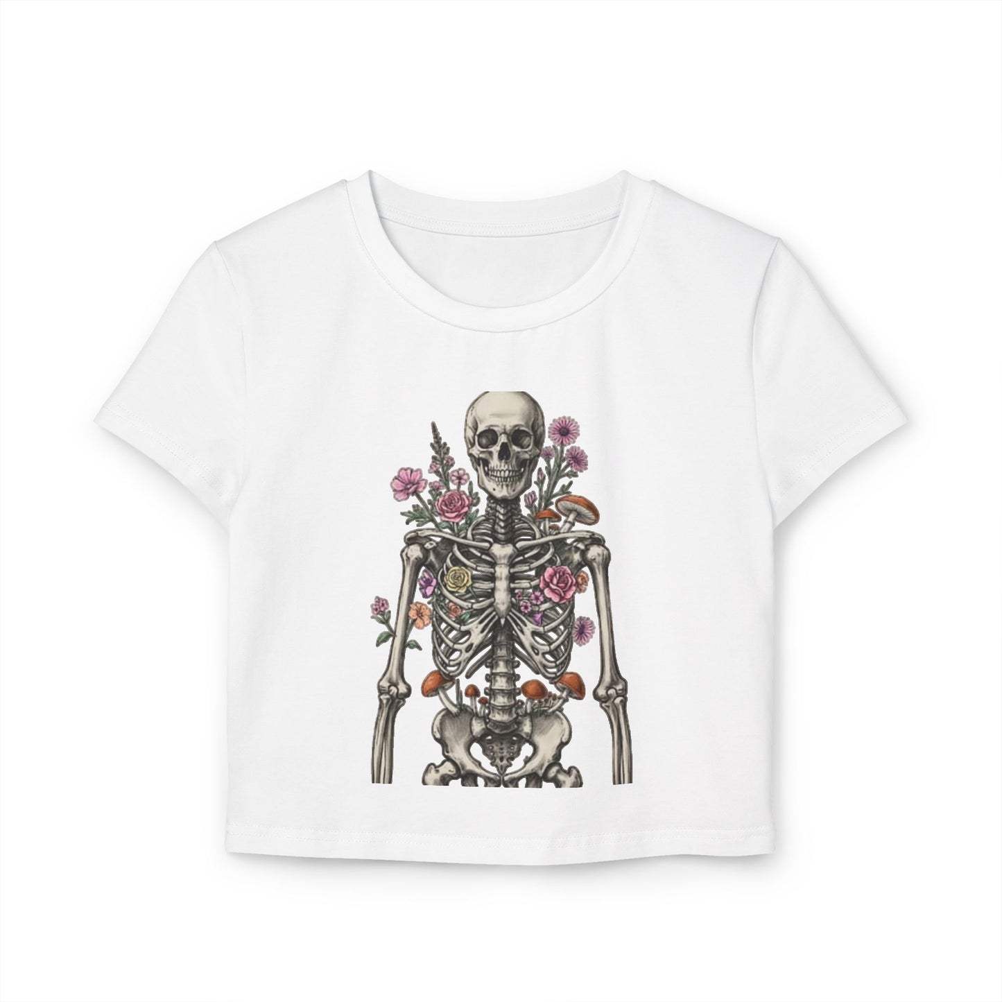 Floral Skeleton Women's Baby Tee, Cute Cropped Shirt, Vintage Aesthetic, Halloween Outfit, Gift for Her, Trendy Summer Top