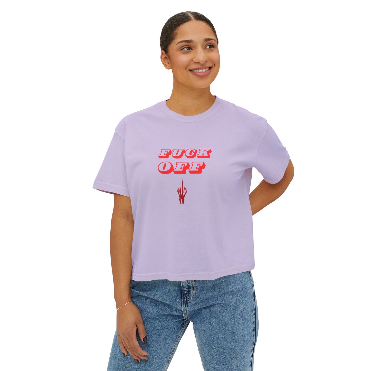 Women's Boxy Tee with 'F*CK OFF' Design, Trendy Graphic Shirt, Casual Everyday Wear, Gift for Her, Festival Fashion