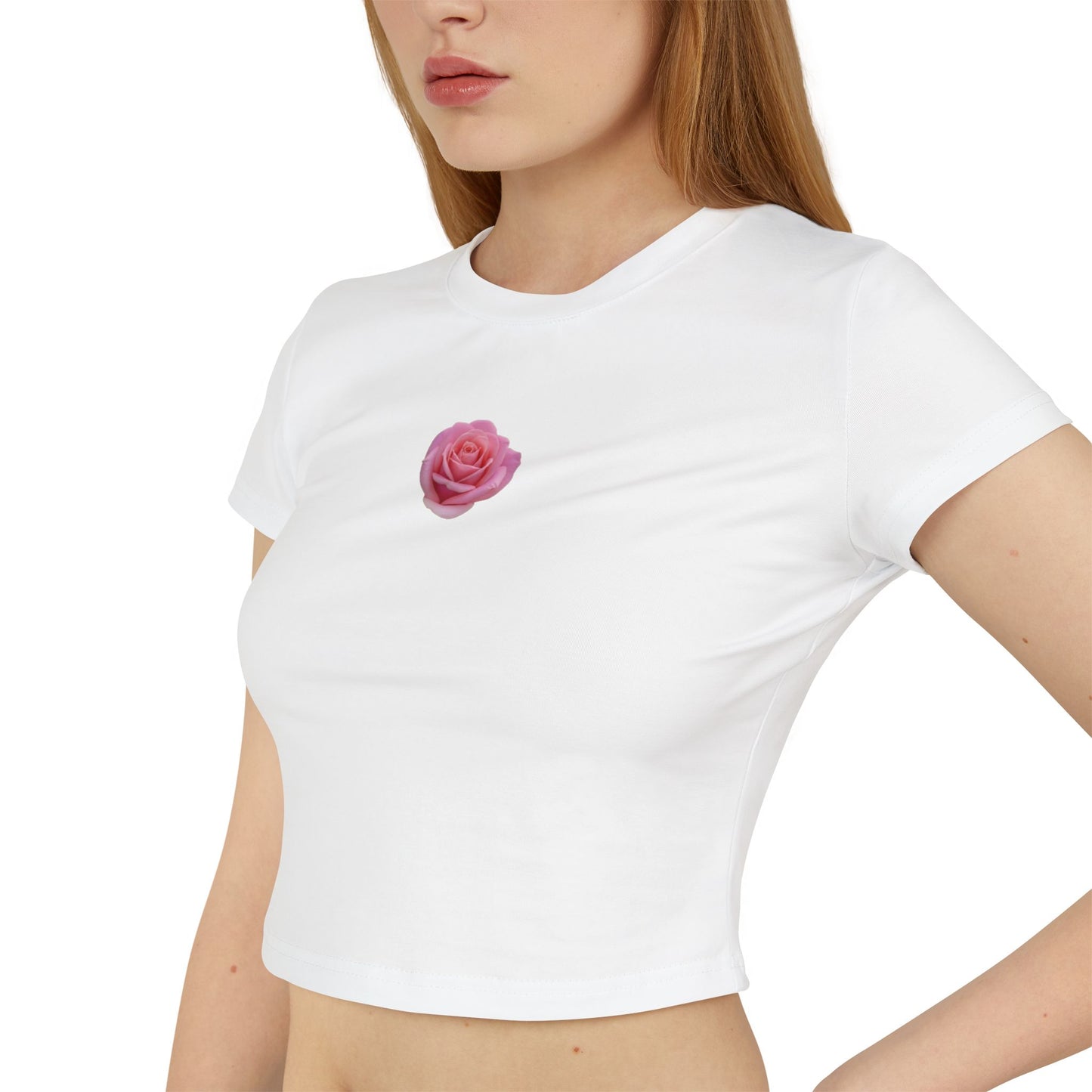 Floral Women's Baby Tee - Cute Pink Rose Design for Casual Outings