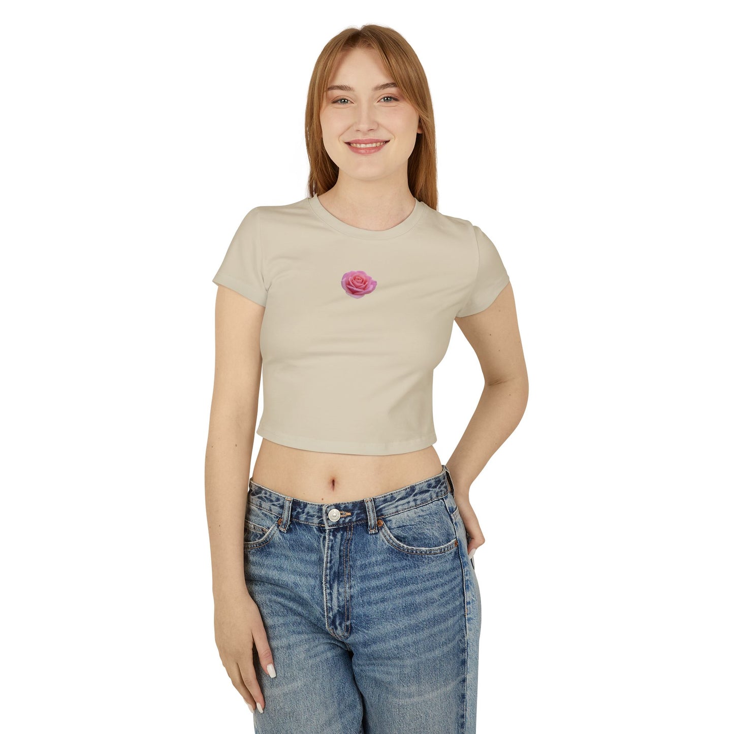 Floral Women's Baby Tee - Cute Pink Rose Design for Casual Outings