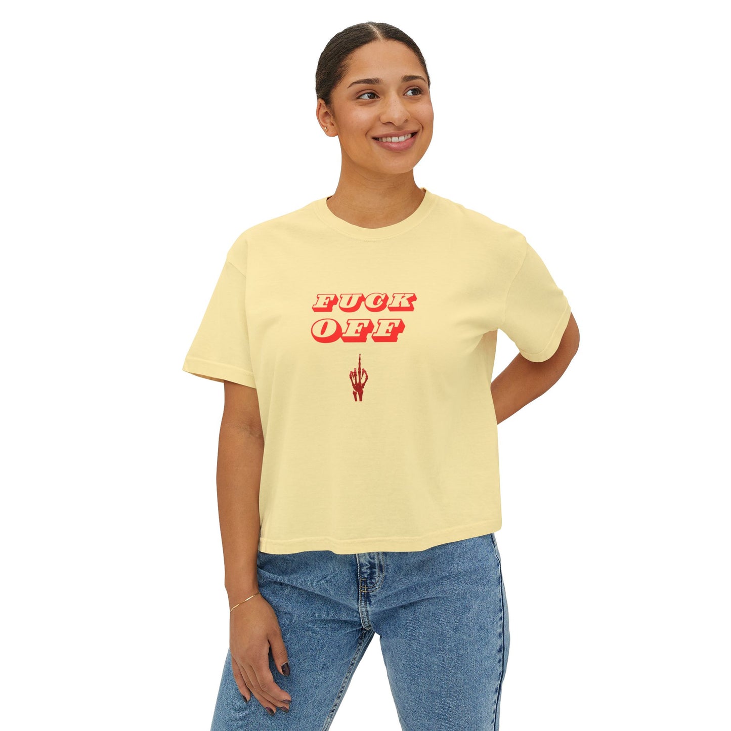 Women's Boxy Tee with 'F*CK OFF' Design, Trendy Graphic Shirt, Casual Everyday Wear, Gift for Her, Festival Fashion