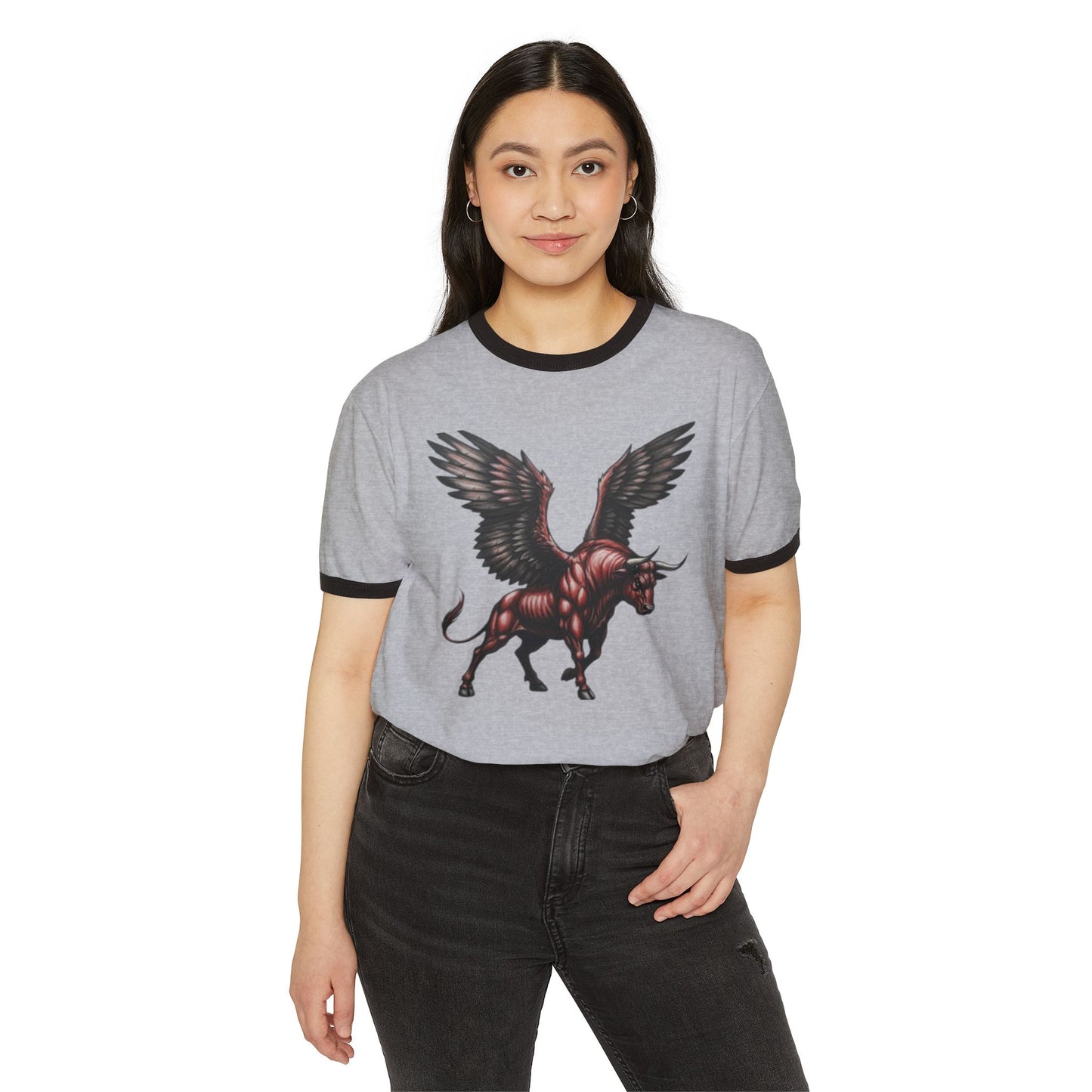 Winged Bull Ringer T-Shirt, Vintage Graphic Tee, Unisex Cotton Shirt, Mythical Creature Apparel, Unique Gift for Animal Lovers