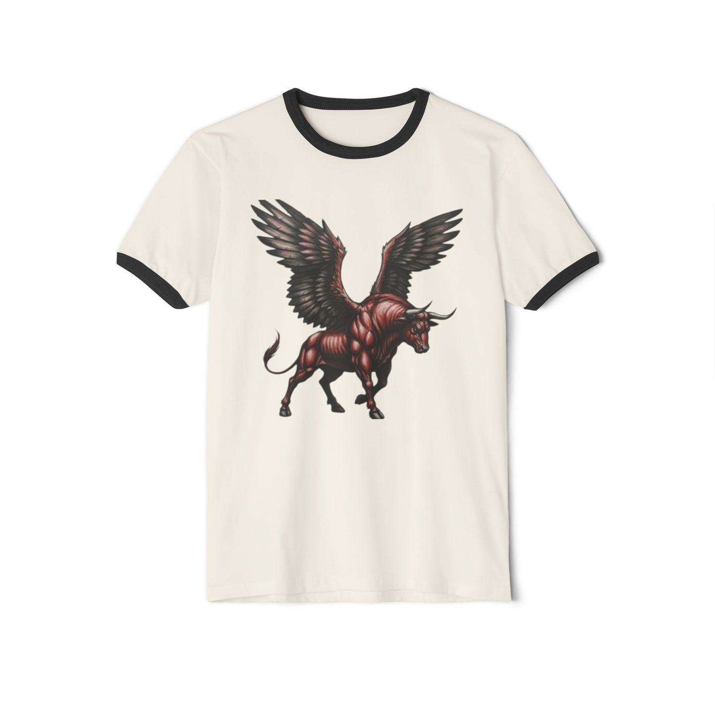 Winged Bull Ringer T-Shirt, Vintage Graphic Tee, Unisex Cotton Shirt, Mythical Creature Apparel, Unique Gift for Animal Lovers