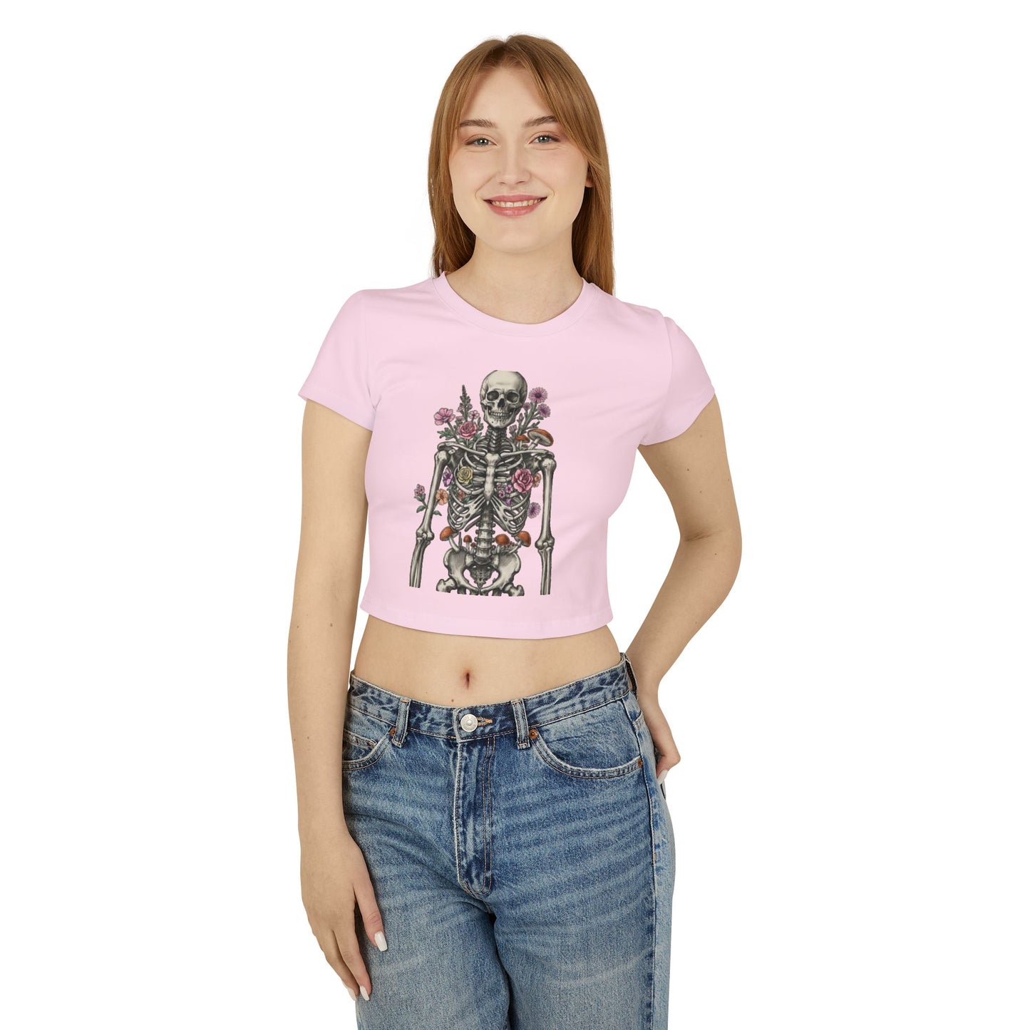 Floral Skeleton Women's Baby Tee, Cute Cropped Shirt, Vintage Aesthetic, Halloween Outfit, Gift for Her, Trendy Summer Top