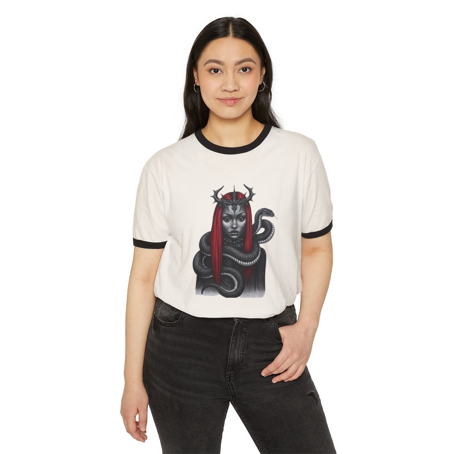 Goddess Graphic Ringer T-Shirt - Unique Cotton Tee, Casual Wear, Occult Gift, Everyday Comfort, Stylish Statement Top