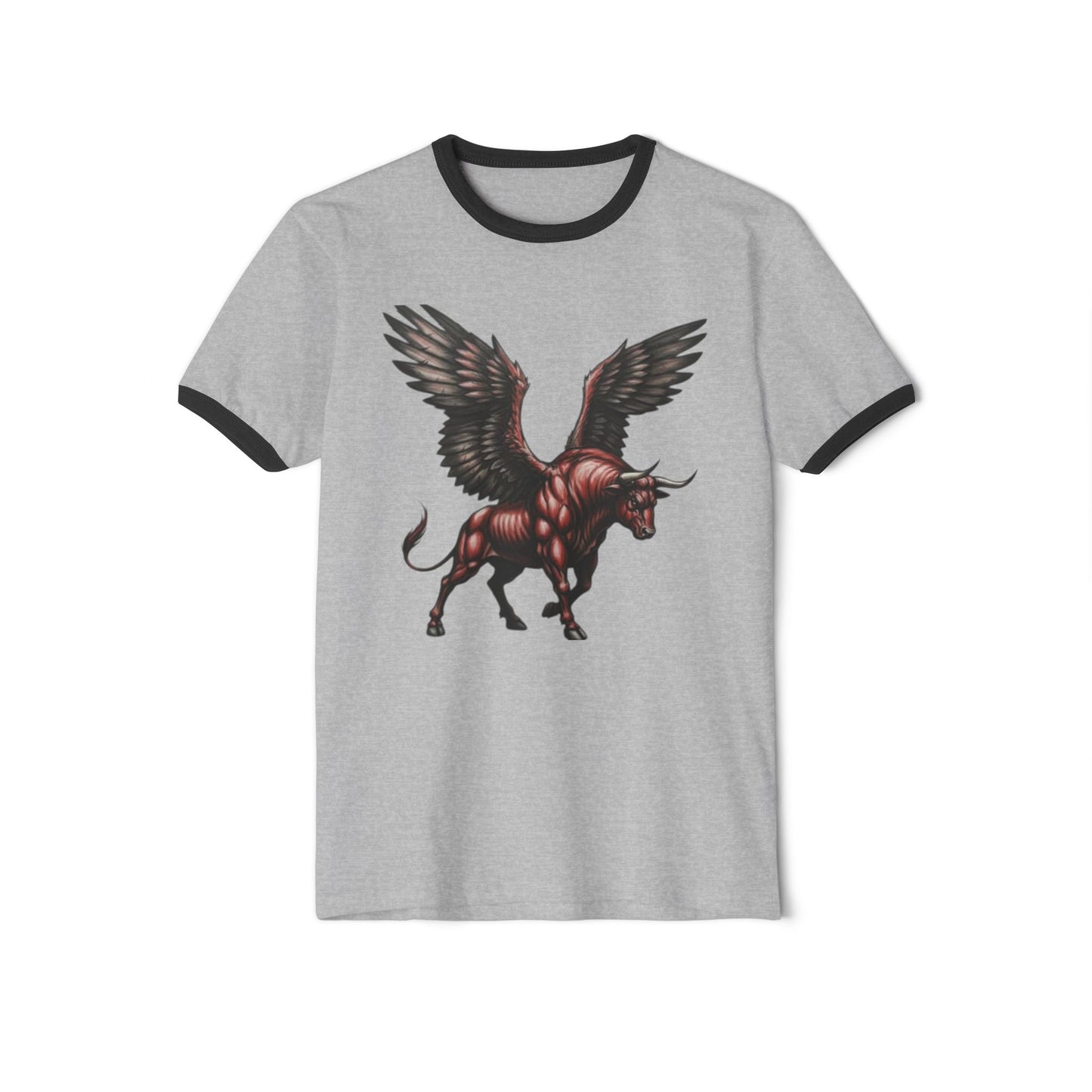 Winged Bull Ringer T-Shirt, Vintage Graphic Tee, Unisex Cotton Shirt, Mythical Creature Apparel, Unique Gift for Animal Lovers