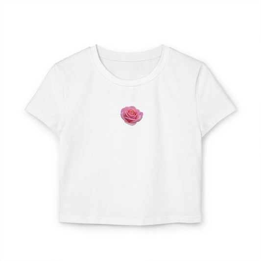 Floral Women's Baby Tee - Cute Pink Rose Design for Casual Outings