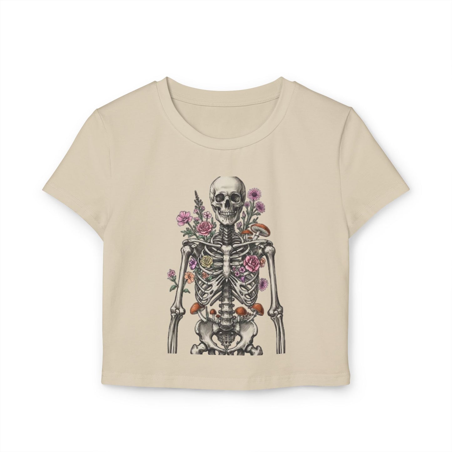 Floral Skeleton Women's Baby Tee, Cute Cropped Shirt, Vintage Aesthetic, Halloween Outfit, Gift for Her, Trendy Summer Top