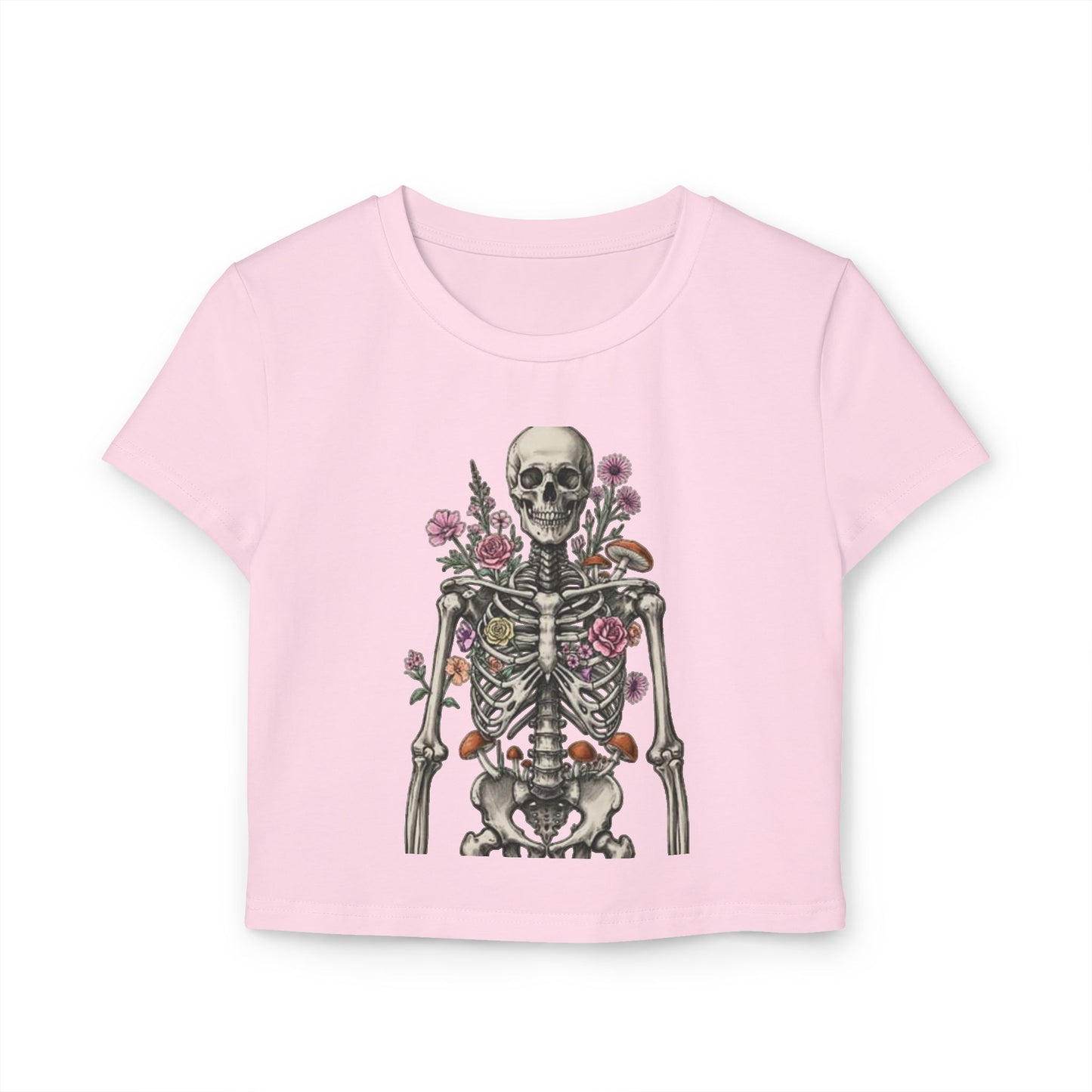 Floral Skeleton Women's Baby Tee, Cute Cropped Shirt, Vintage Aesthetic, Halloween Outfit, Gift for Her, Trendy Summer Top