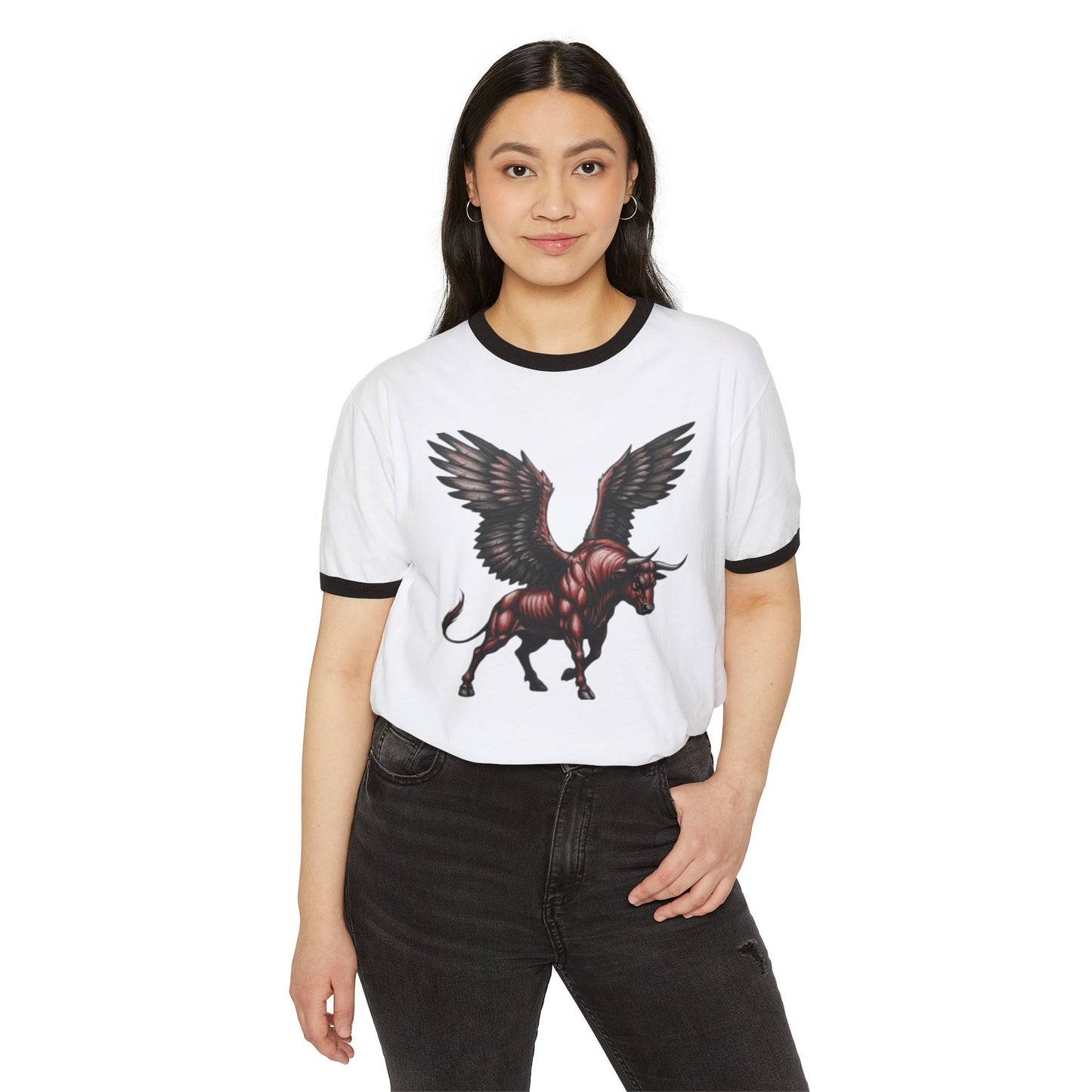 Winged Bull Ringer T-Shirt, Vintage Graphic Tee, Unisex Cotton Shirt, Mythical Creature Apparel, Unique Gift for Animal Lovers