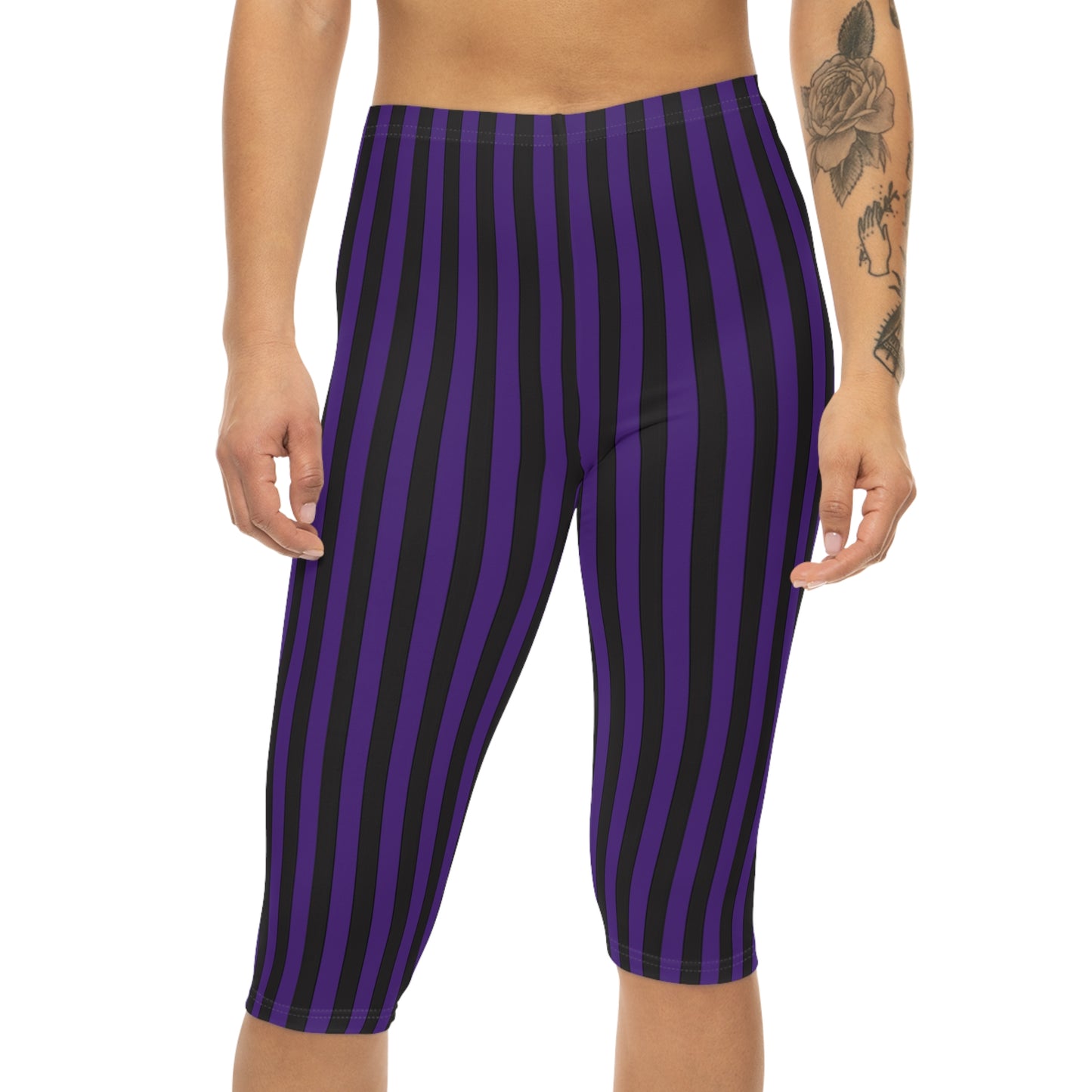 Purple Striped Capri Leggings for Women, Comfortable Yoga Pants, Casual Workout Leggings, Lounge Wear, Fitness Apparel