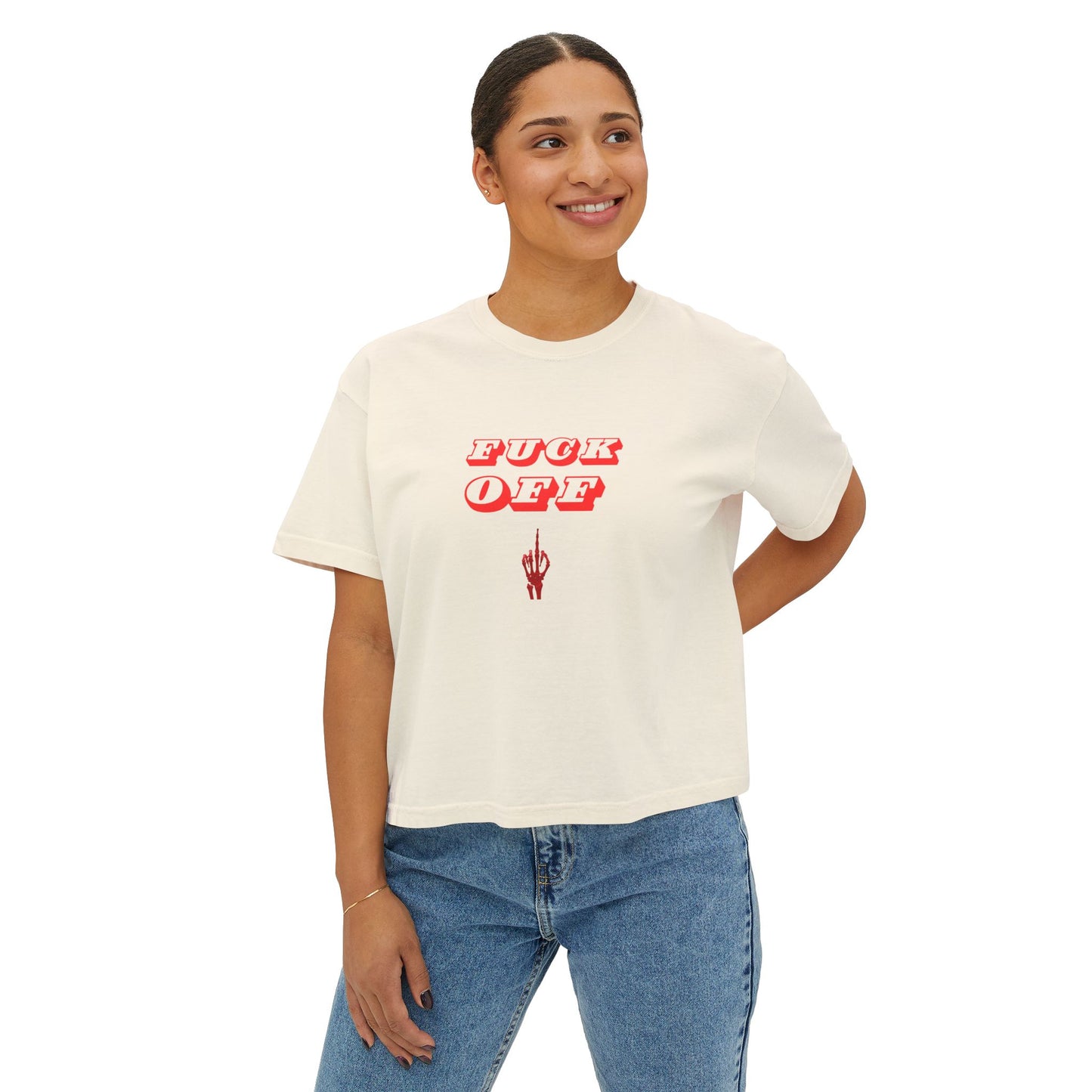 Women's Boxy Tee with 'F*CK OFF' Design, Trendy Graphic Shirt, Casual Everyday Wear, Gift for Her, Festival Fashion