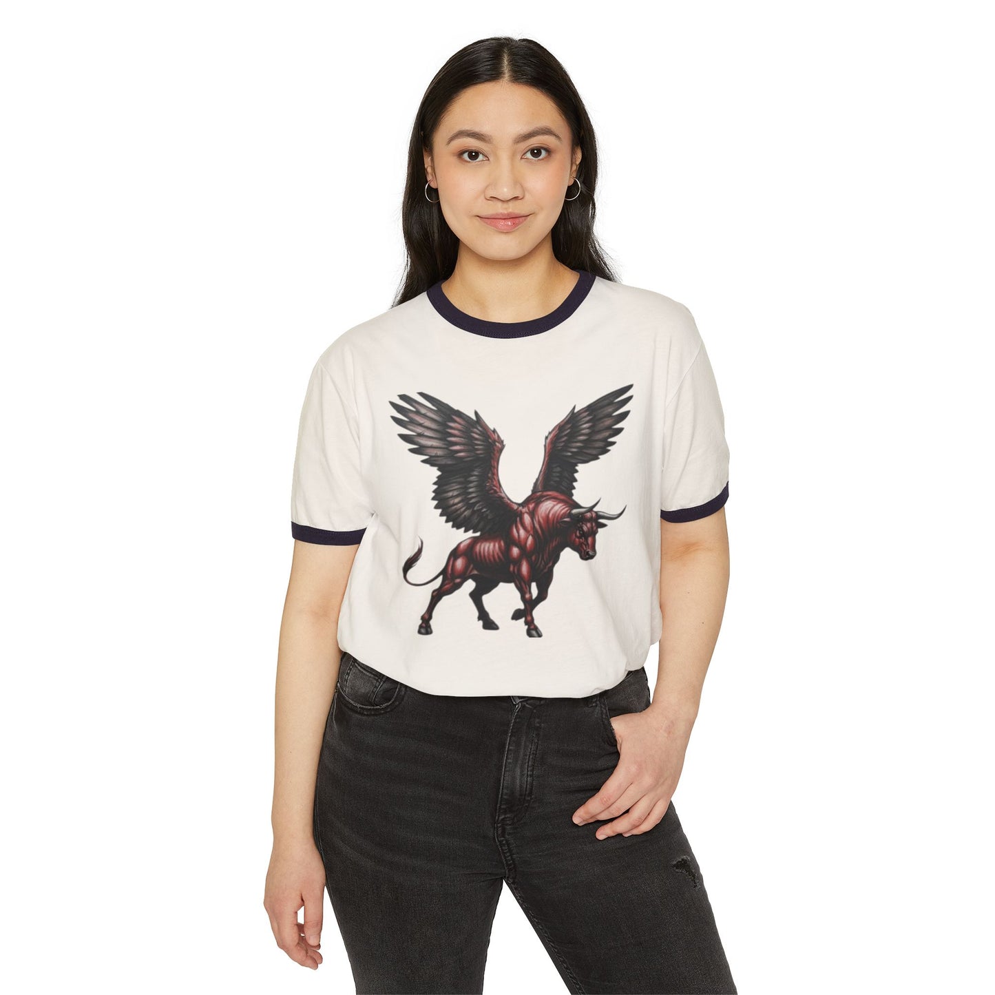 Winged Bull Ringer T-Shirt, Vintage Graphic Tee, Unisex Cotton Shirt, Mythical Creature Apparel, Unique Gift for Animal Lovers
