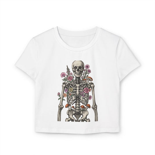 Floral Skeleton Women's Baby Tee, Cute Cropped Shirt, Vintage Aesthetic, Halloween Outfit, Gift for Her, Trendy Summer Top