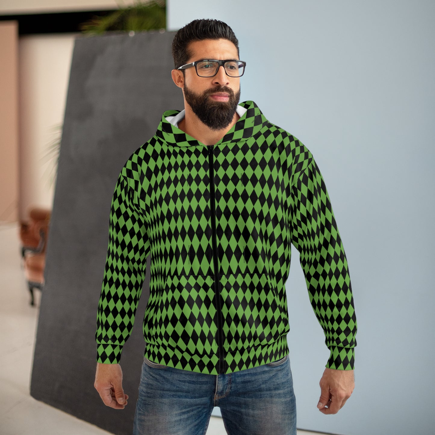 Vibrant Houndstooth Zip Hoodie, Cozy Unisex Outerwear, Casual Layering for Everyday Comfort, Perfect for Fall and Spring Fashion, [...]