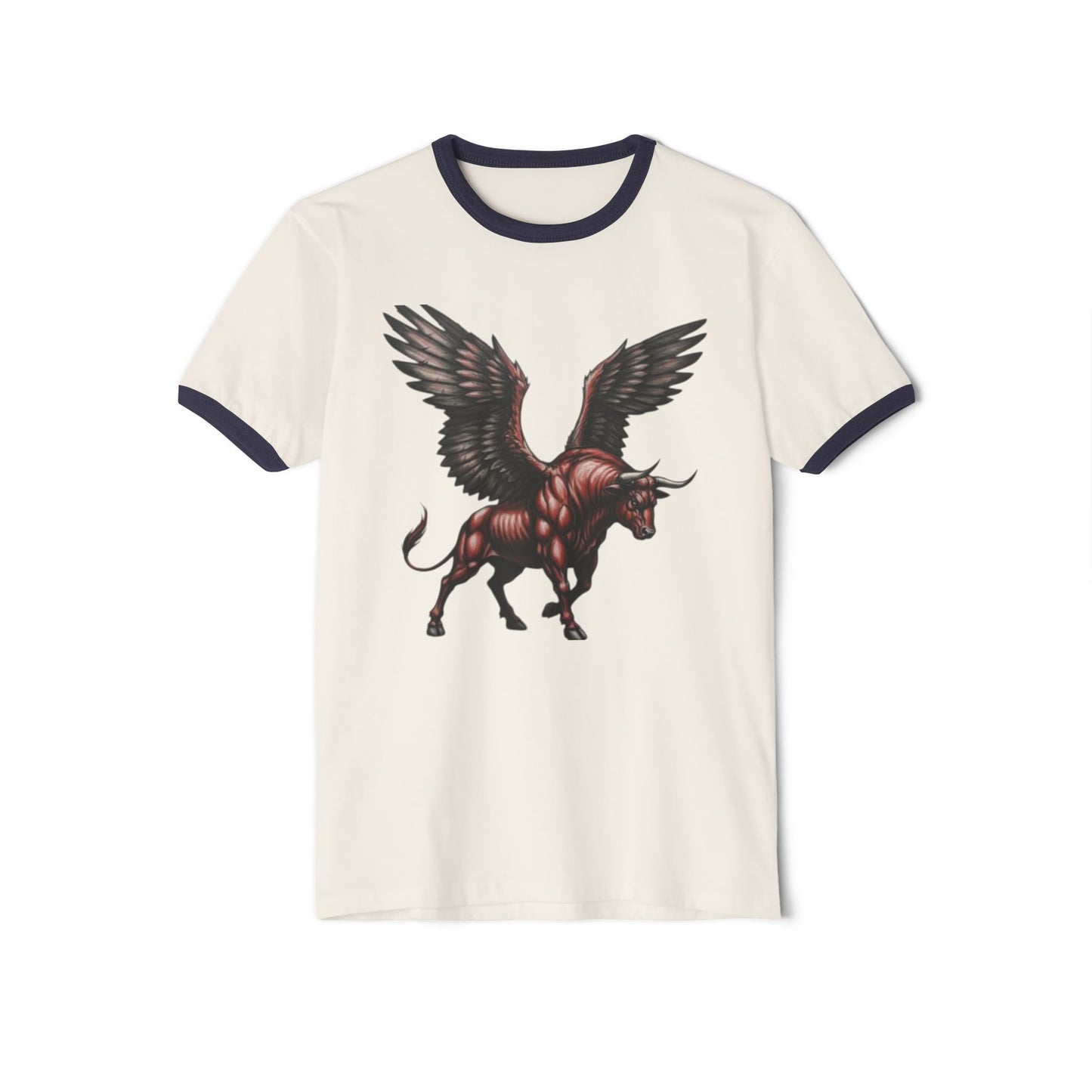 Winged Bull Ringer T-Shirt, Vintage Graphic Tee, Unisex Cotton Shirt, Mythical Creature Apparel, Unique Gift for Animal Lovers