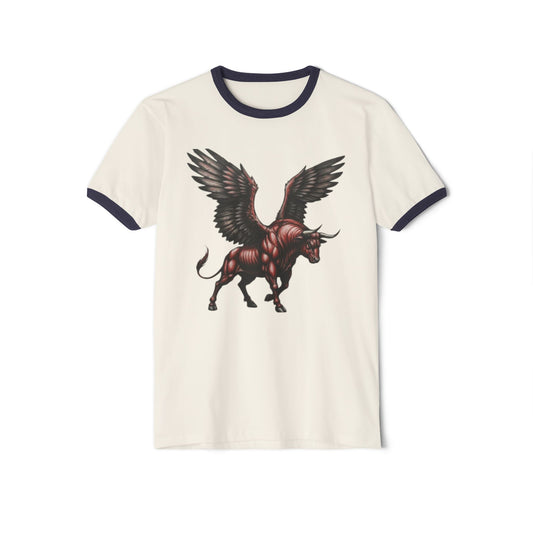 Winged Bull Ringer T-Shirt, Vintage Graphic Tee, Unisex Cotton Shirt, Mythical Creature Apparel, Unique Gift for Animal Lovers