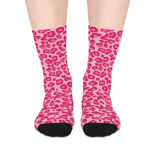 Pink Leopard Print Mid-Length Socks, Cute Animal Print Socks, Fashionable Women's Accessories, Gift for Her, Cozy Casual Wear