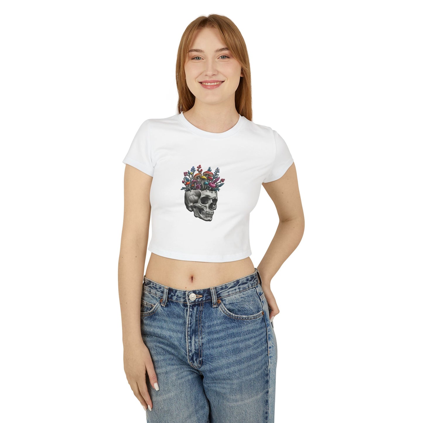 Floral Skull Women's Baby Tee | Casual Top, Gift for Her, Edgy Style, Festival Wear, Summer Outfit