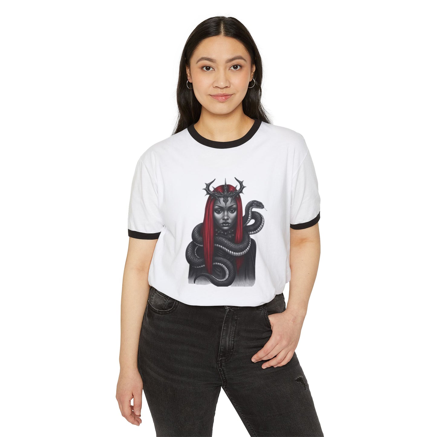 Goddess Graphic Ringer T-Shirt - Unique Cotton Tee, Casual Wear, Occult Gift, Everyday Comfort, Stylish Statement Top