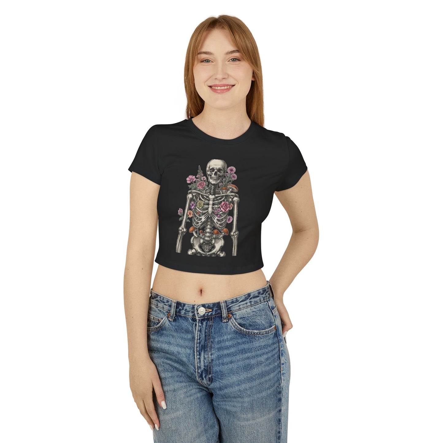 Floral Skeleton Women's Baby Tee, Cute Cropped Shirt, Vintage Aesthetic, Halloween Outfit, Gift for Her, Trendy Summer Top