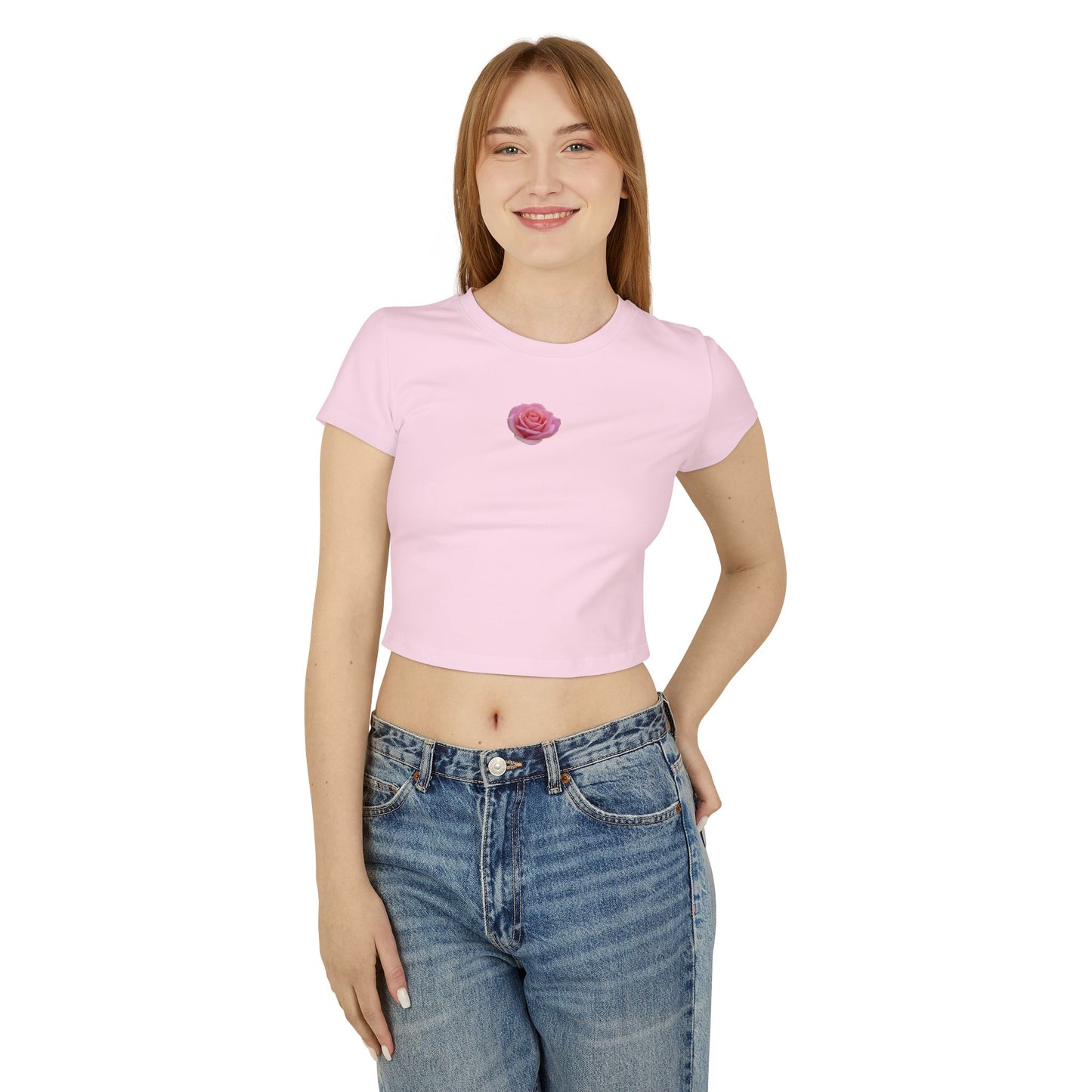 Floral Women's Baby Tee - Cute Pink Rose Design for Casual Outings