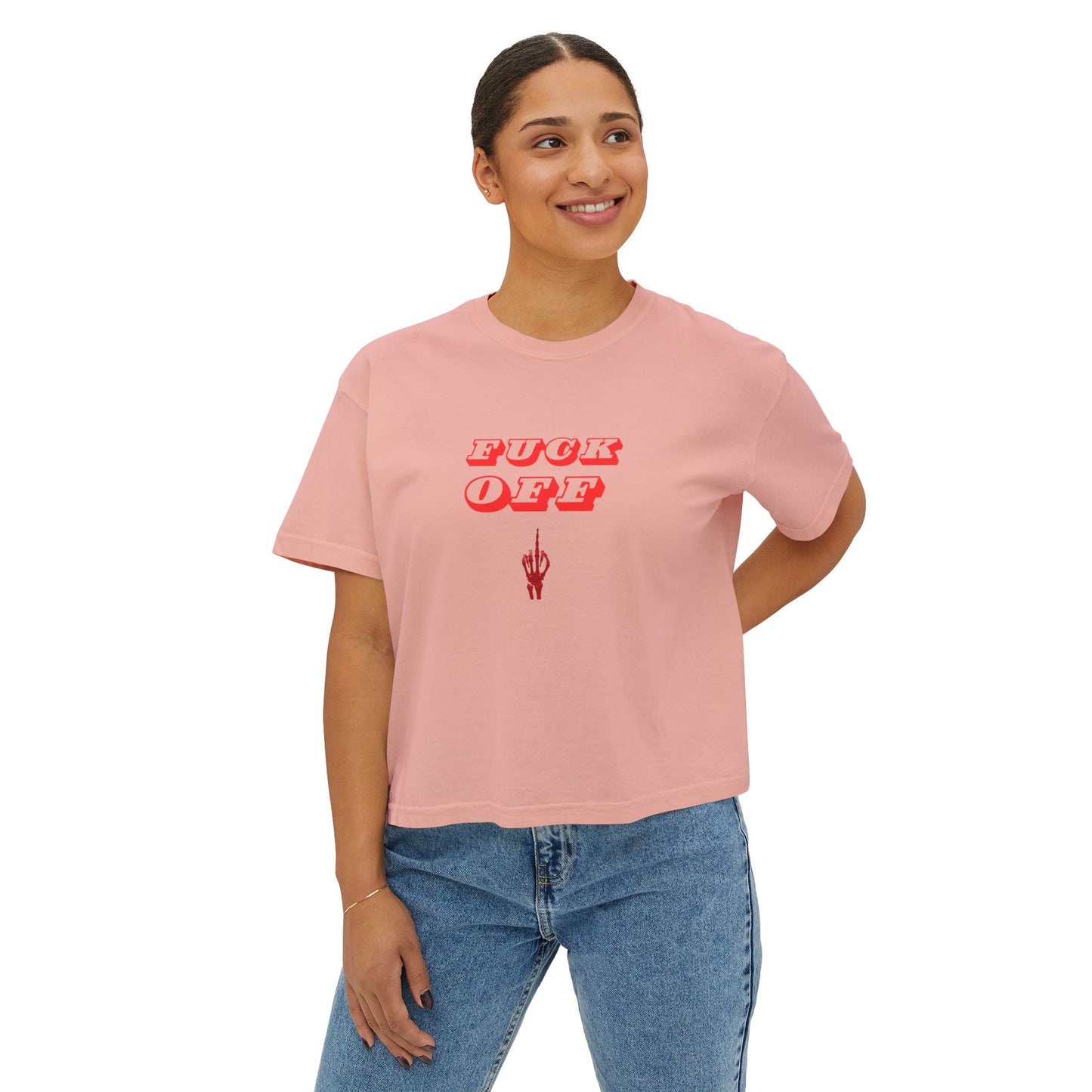 Women's Boxy Tee with 'F*CK OFF' Design, Trendy Graphic Shirt, Casual Everyday Wear, Gift for Her, Festival Fashion