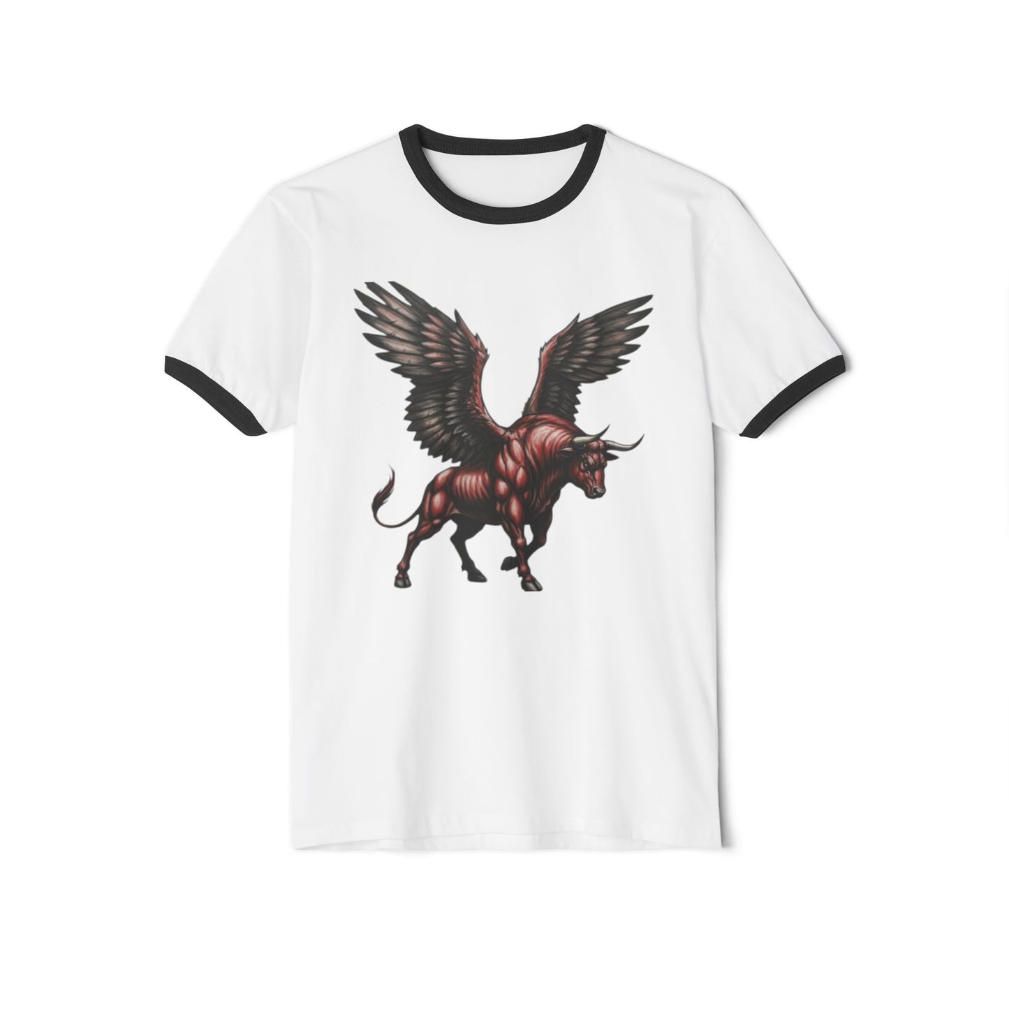 Winged Bull Ringer T-Shirt, Vintage Graphic Tee, Unisex Cotton Shirt, Mythical Creature Apparel, Unique Gift for Animal Lovers